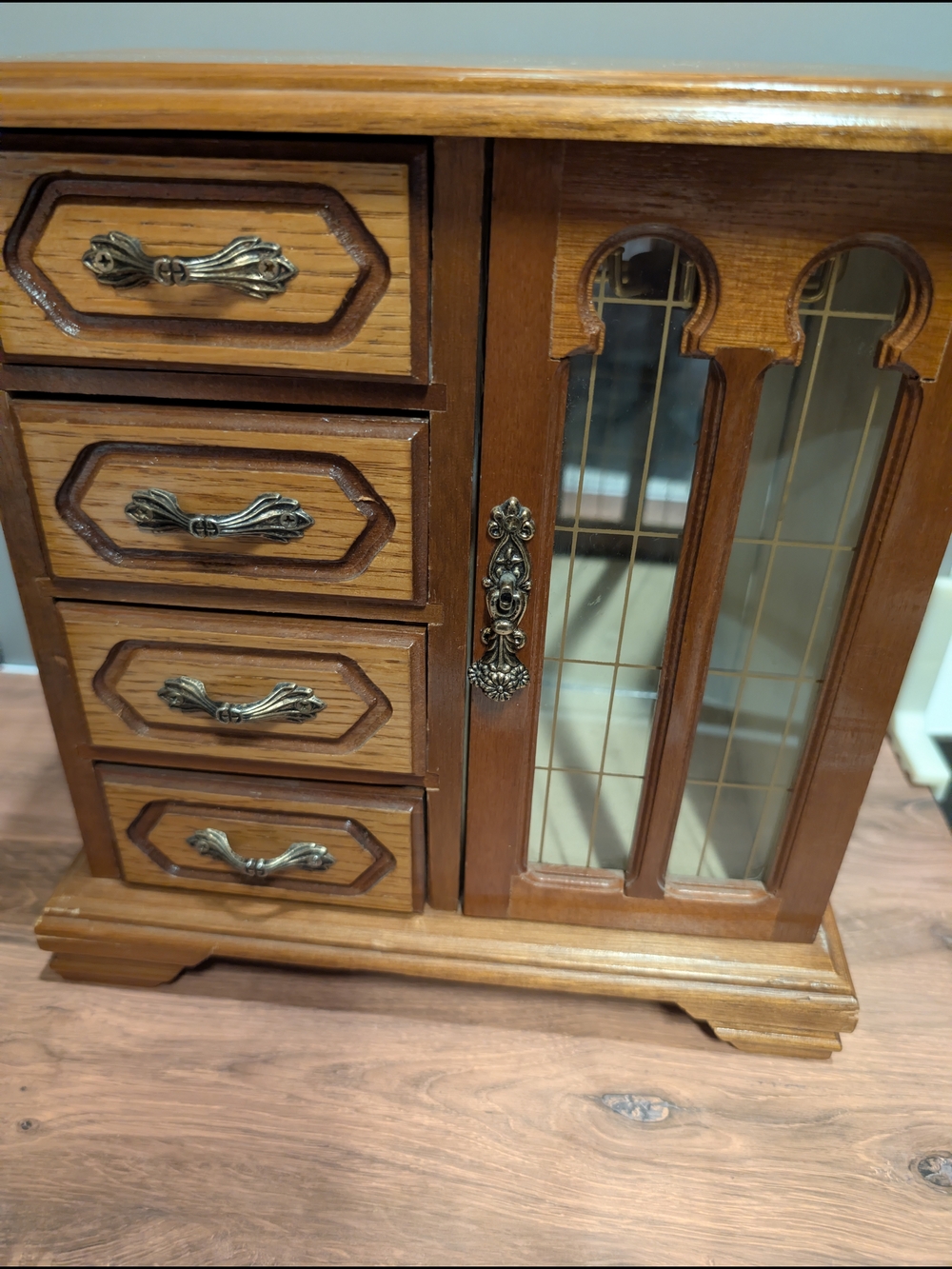 Vintage Wooden Jewelry Chest with Glass Door CLEAN